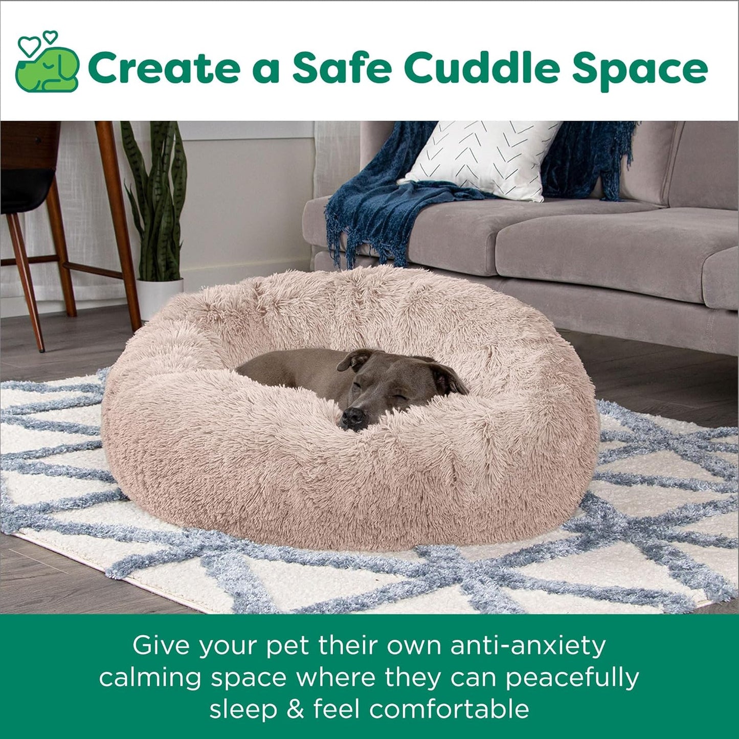 36" round Calming Donut Dog Bed for Large/Medium Dogs, Refillable W/ Removable Washable Cover, for Dogs up to 75 Lbs - Shaggy Plush Long Faux Fur Donut Bed - Taupe, Large