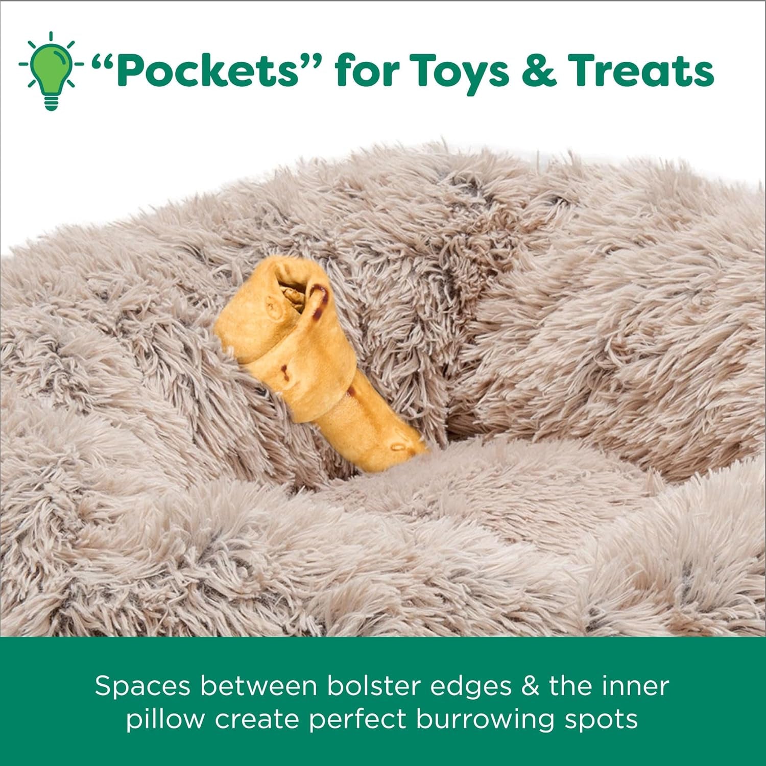 36" round Calming Donut Dog Bed for Large/Medium Dogs, Refillable W/ Removable Washable Cover, for Dogs up to 75 Lbs - Shaggy Plush Long Faux Fur Donut Bed - Taupe, Large