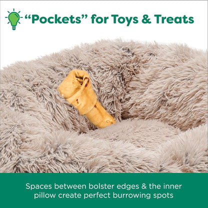 36" round Calming Donut Dog Bed for Large/Medium Dogs, Refillable W/ Removable Washable Cover, for Dogs up to 75 Lbs - Shaggy Plush Long Faux Fur Donut Bed - Taupe, Large