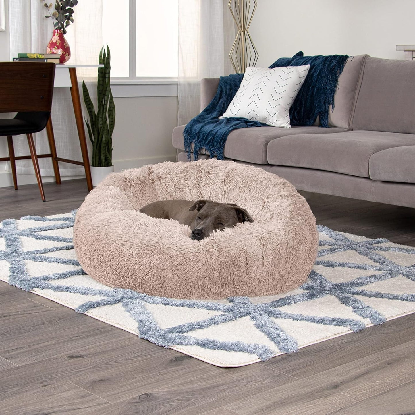 36" round Calming Donut Dog Bed for Large/Medium Dogs, Refillable W/ Removable Washable Cover, for Dogs up to 75 Lbs - Shaggy Plush Long Faux Fur Donut Bed - Taupe, Large