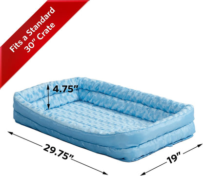 Medium Quiettime Double Bolster Pet Bed, Blue Plush 30-Inch Crate Mat with Stacked Bolsters, Machine Washable, Secure Fit with Elastic Straps