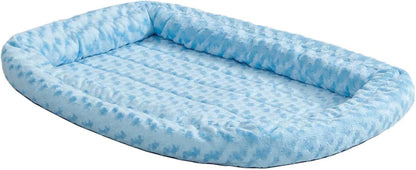 Medium Quiettime Double Bolster Pet Bed, Blue Plush 30-Inch Crate Mat with Stacked Bolsters, Machine Washable, Secure Fit with Elastic Straps
