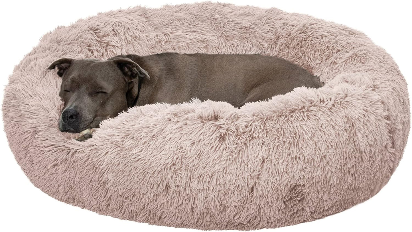36" round Calming Donut Dog Bed for Large/Medium Dogs, Refillable W/ Removable Washable Cover, for Dogs up to 75 Lbs - Shaggy Plush Long Faux Fur Donut Bed - Taupe, Large