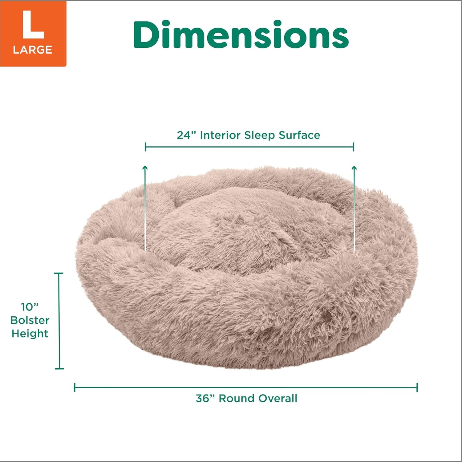36" round Calming Donut Dog Bed for Large/Medium Dogs, Refillable W/ Removable Washable Cover, for Dogs up to 75 Lbs - Shaggy Plush Long Faux Fur Donut Bed - Taupe, Large